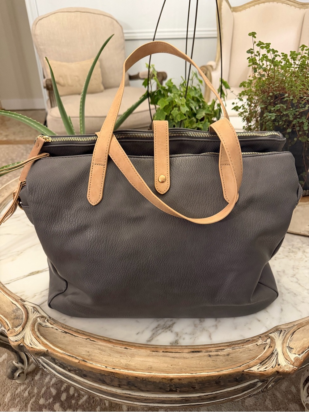 Everyday Structured Tote Bag in Charcoal Gray with Tan Handles